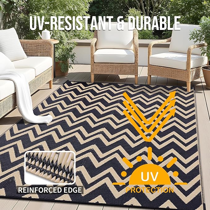 OLANLY Waterproof Outdoor Rug 6x9 ft Clearance, Reversible Outdoor Plastic Straw Rug, RV Mat, Indoor Outdoor Carpet for Patio, Camping, Balcony, Deck, Backyard, Black & Beige
