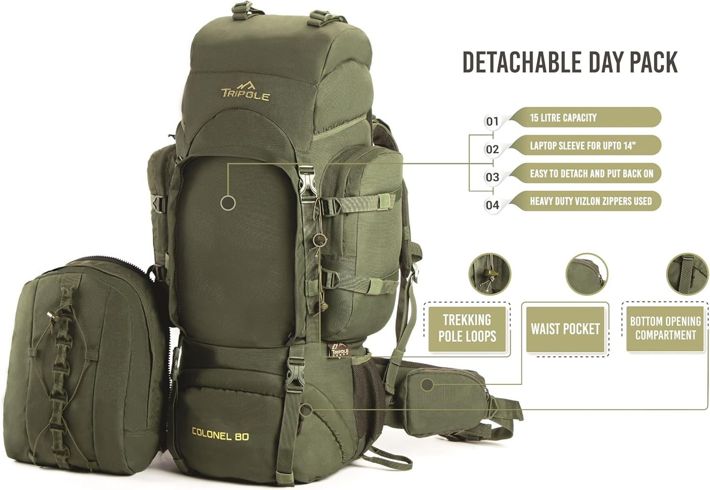 Tripole Colonel 95 Litres Internal Frame Rucksack + Detachable Day Pack, Rain Cover, Black