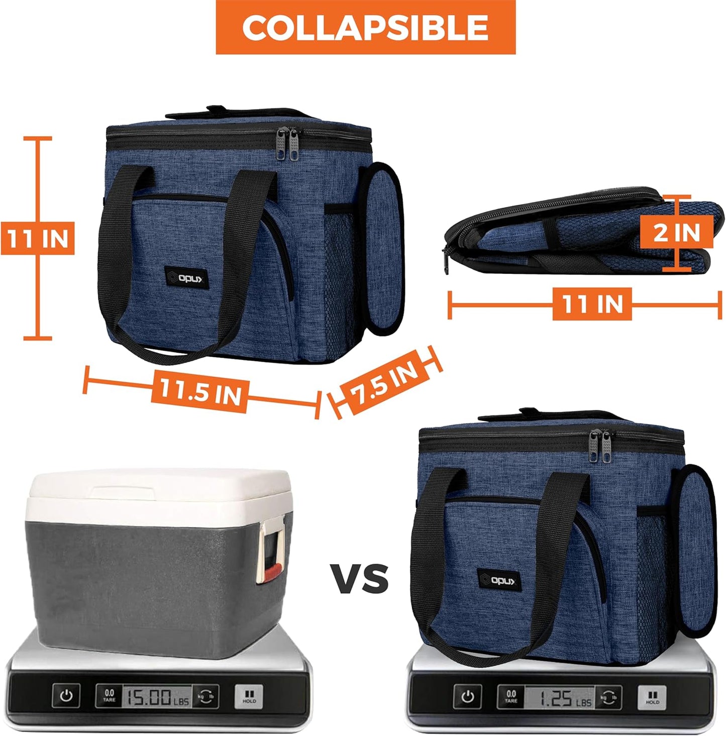 OPUX Soft Cooler Bag, Insulated Collapsible Lunch Cooler Bag for Men Work Camping Beach Travel, Portable Soft Sided Leakproof Waterproof Large Lunch Bag Box with Shoulder Strap 18 Cans, Heather Navy