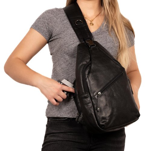 Lady Conceal Grayson Large Leather Sling Backpack with Locking Zippers (Black)