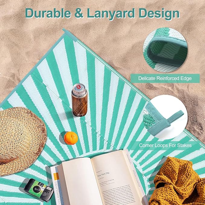 Wonnitar 8x10 Outdoor Rug Waterproof - Large Reversible Patio Rugs, Lightweight Plastic Straw Patios Mat for RV, Portable Outdoor Camping Carpet for Deck Picnic (Blue-Green, 8'x10')