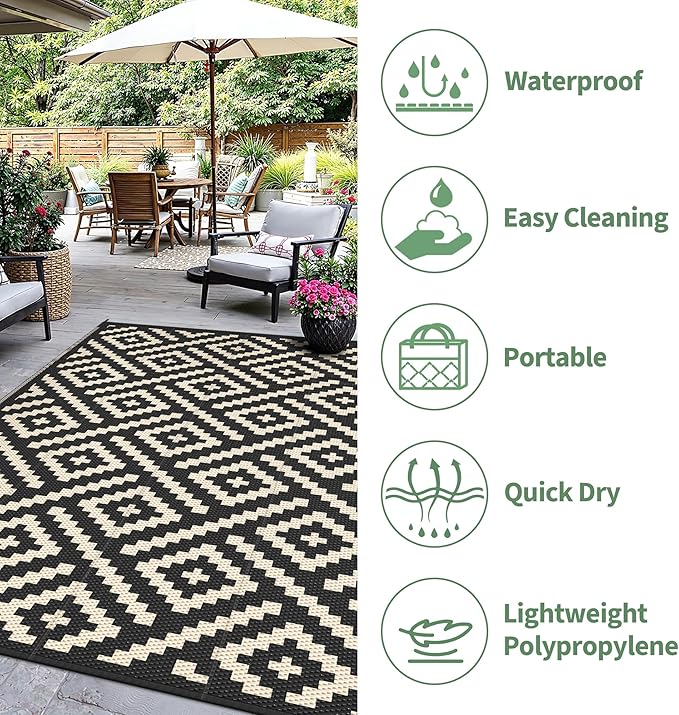 Outdoor Rug for Patio - Waterproof Plastic Straw Camping Rugs 6x9 ft, Reversible Outdoor Indoor RV Mat Carpet for Patio, Porch, Deck, Balcony, Picnic, Beach, Black Beige