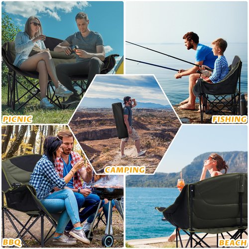 UBALANCE Double Camping Chair for Adults - Heavy Duty 650LBS Portable Camping Chairs Oversized Camping Loveseat, Folding Camping Chair for Garden Lawn Sport Picnic Beach Fishing (Green)