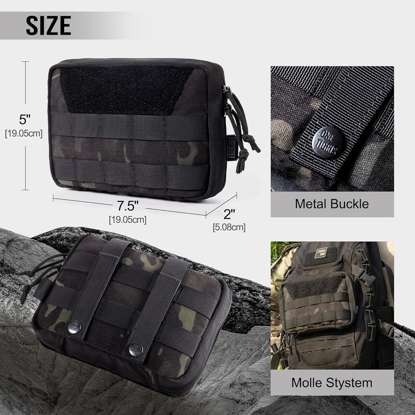 OneTigris MOLLE Pouch, Tactical Admin Pouch Belt EDC Tool Organizer Zippered Utility Waist Pack 7.5"x5"x2"