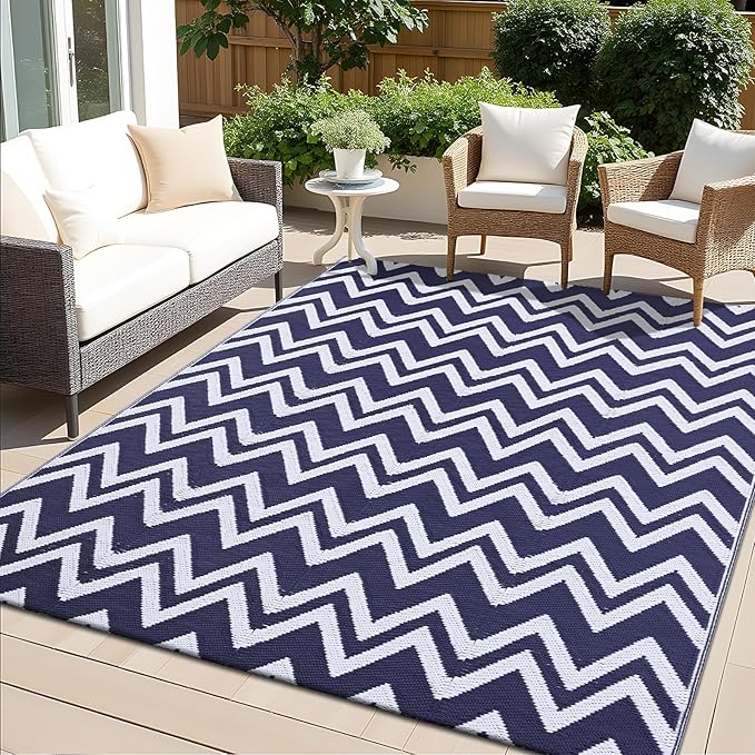 OLANLY Waterproof Outdoor Rug 5x8 ft Clearance, Reversible Outdoor Plastic Straw Rug, RV Mat, Indoor Outdoor Carpet for Patio, Camping, Balcony, Deck, Backyard, Navy & White