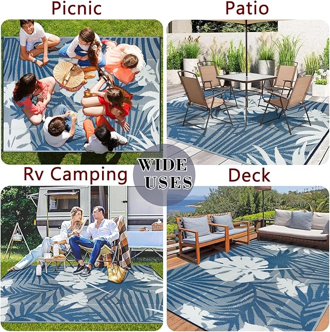 Homcomoda Outdoor Rugs 9’x12’ Waterproof Reversible Patio Rugs Outdoor Clearance Lightweight Outdoor Rugs Portable RV Camping Mats for Tents Deck Porch BBQ Beach Backyard