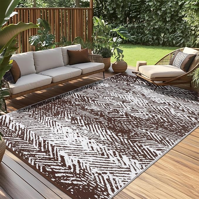 Outdoor Patio Rug 5x8 Brown, Waterproof Modern Reversible Outdoor Plastic Straw Rugs RV Camping Mat UV-Resistant Outside Carpet Portable Area Mats for Garden Balcony Deck Picnic Beach