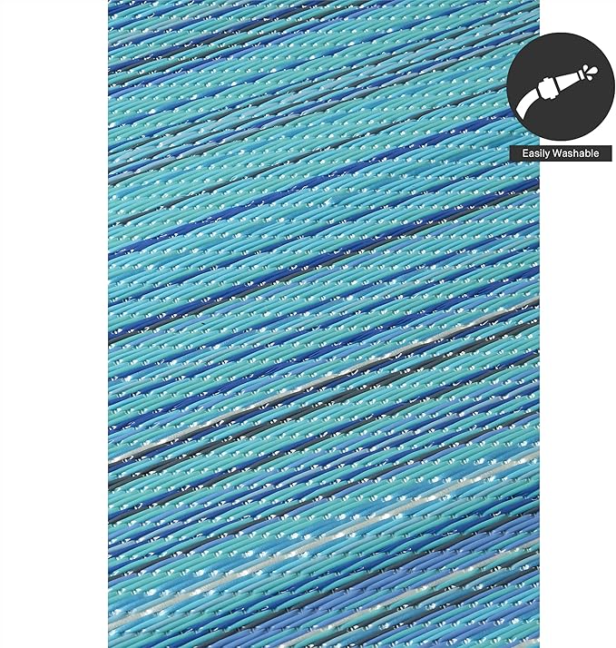 FH Home Outdoor Rug - Waterproof, Fade Resistant, Reversible - Premium Recycled Plastic - Striped - Large Patio, Deck, Sunroom, Camping, RV - Havana - Turquoise Crease Free - 6 x 9 ft