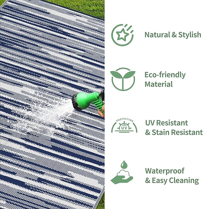 GENIMO Outdoor Rug for Patio Clearance, 8'x10' Waterproof Camping Mat, Reversible Plastic Straw Rugs for RV, Camper, Balcony, Backyard, Picnic, Deck (Blue White)