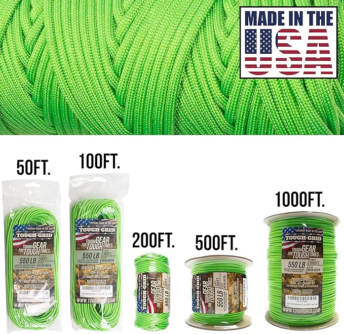 TOUGH-GRID Premium 550lb Paracord Rope - 200 Ft. - Neon Green - 100% Nylon Type IV Mil-Spec - UV & Abrasion Resistant - Heavy Duty Strands - Outdoor Survival Rope - Used by US Military - Made in USA