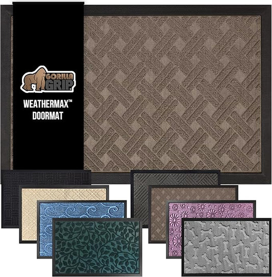 GORILLA GRIP 100% Waterproof All-Season WeatherMax Doormat, 47x35, Durable Natural Rubber, Stain and Fade Resistant, Low Profile, Indoor Outdoor Door Mats, Easy Clean Entry Mat, Taupe Basket Weave