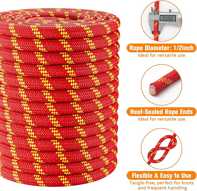 Double Braided Arborist Rigging Rope - 1/2 in X 150 ft 48 Strands Outdoor Pulling Heavy Duty Polyester Bull Rope for Swing Tree Work Camping Rescue Hiking - Red
