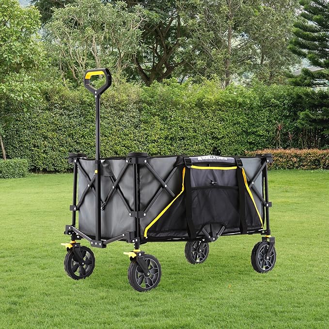 Gorilla Carts Collapsible Folding Utility Wagon Cart w/Oversized Bed, 7 Cu Ft, Gray - 150 lb Capacity Outdoor Wheelbarrow w/Zipper Pockets & Built-in Cup Holders for Beach, Camping & Picnic