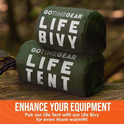 Go Time Gear Survival Life Tent • 2 Person Mylar Emergency Shelter Tube Tent + Paracord • All-Weather Protection for Camping, Hiking, & Survival Kits • Includes Emergency Whistle • 2PK Yellow