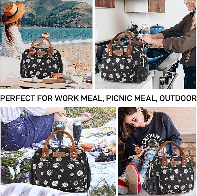 Buringer HOMESPON Lunch Bag for Woman Man Adults with Front Pocket Insulated Lunch Tote Lunch Box Container for Work Picnic or Travel（Daisy with Side Pockets）