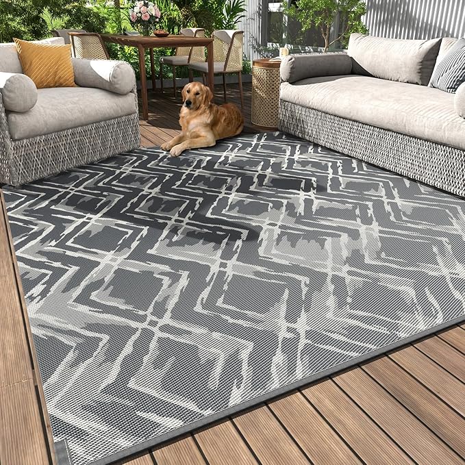 MontVoo Outdoor Rug 8x10 Waterproof-Patio Rug Mat Outdoor Carpet Reversible RV Camping Picnic Plastic Straw Rug Outside Outdoor Area Rug for Balcony Deck Backyard Patio Decor Modern Abstract