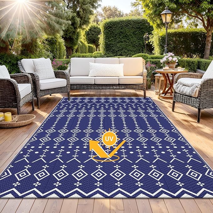 StepRite 8’ x 10’ Reversible Outdoor Rug, Waterproof Plastic Straw Rug, Patio Rug, Large Modern Area Rug Carpet, Indoor Outdoor Rugs for Camping, Porch, Deck, Balcony, Backyard, RV, Picnic(Blue)