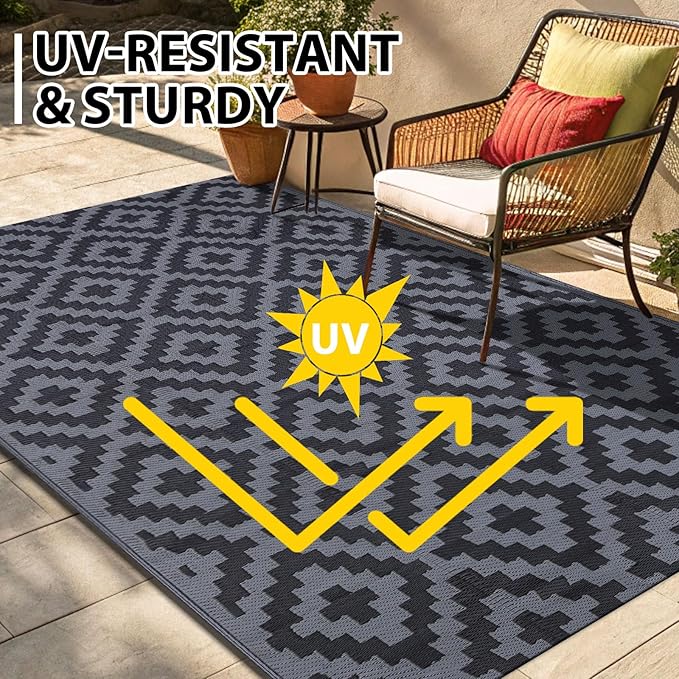 Smiry Waterproof Outdoor Rug 9x12 ft, Reversible Plastic Straw Patio Camping Rugs, Outdoor Indoor RV Mat Carpet for Patio, Outside Entry, Backyard, Deck, Bench, Picnic, Camper, Black & Grey