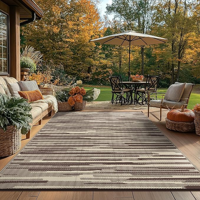 GENIMO Outdoor Rug for Patio Clearance, 5'x8' Waterproof Camping Mat, Reversible Plastic Straw Rugs for RV, Camper, Balcony, Backyard, Picnic, Deck (Coffee Beige)