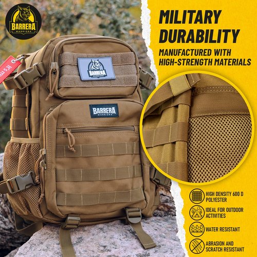 BARRERA warriors -Tactical Backpack 25l -Durable Backpack- Army bag- Tactical gear- Military backpack for men- MOLLE Assault Rucksack with Bottle Holder, Water-Resistant Daypack. (COYOTE BROWN 25L)