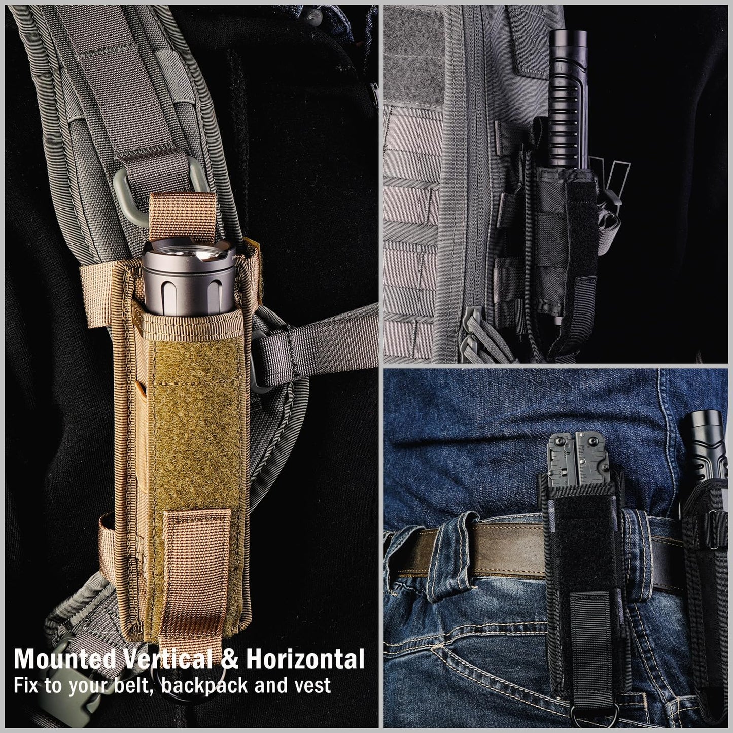VIPERADE Tactical Flashlight Holster, Molle Flashlight Holder for Belt, Flashlight Pouch, Open Top Flashlight Holder for Vertical & Horizontal Carrying