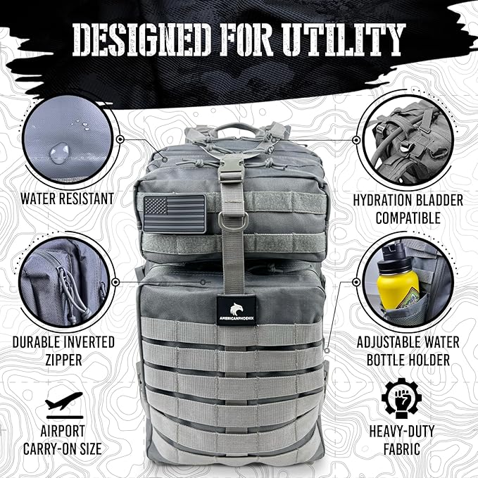 45L Elite Tactical Backpack | 3X Stronger Work & Military Backpack | Water Resistant and Heavy Duty | 3 Day MOLLE Bug Out Bag (Arctic Grey)