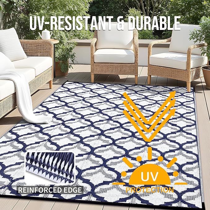 OLANLY Reversible Outdoor Rug 8x10 ft Clearance, Waterproof Outdoor Plastic Straw Rug with Interlacing Pattern, RV Mat for Patio, Camping, Balcony, Deck, Backyard, Navy & White