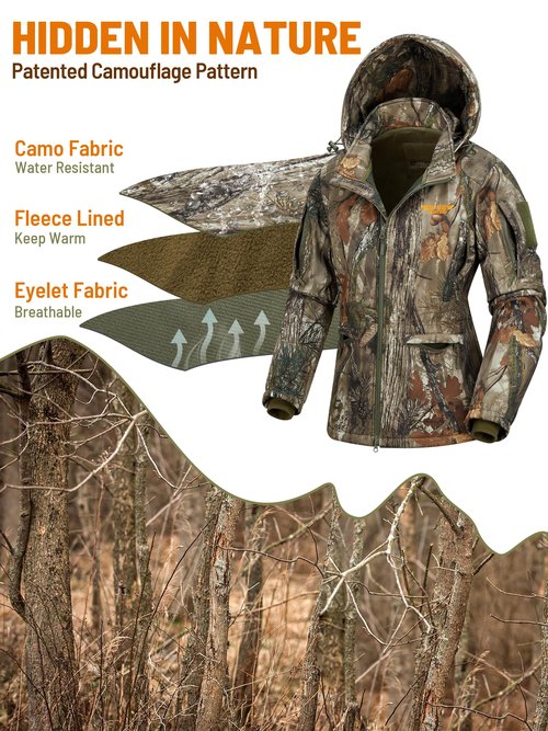 NEW VIEW Womens Hunting Clothes, Upgraded Ultra-Quiet Water Resistant Camo Hunting Jacket for Duck Waterfowl Deer Hunting, Nv Camo Leaf, Large