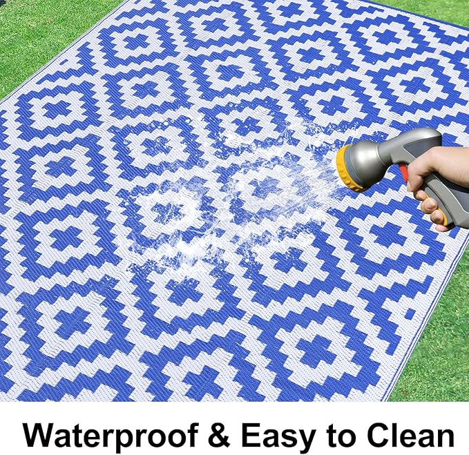 Smiry Waterproof Outdoor Rug 8x10 ft, Reversible Plastic Straw Patio Camping Rugs, Outdoor Indoor RV Mat Carpet for Patio, Outside Entry, Backyard, Deck, Bench, Picnic, Camper, White & Blue