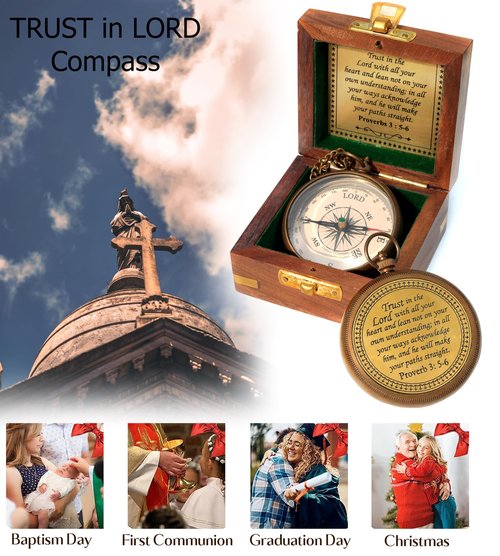 Trust in The Lord with All Your Heart -Proverbs 3: 5-6 Quote Engraved Compass with Wooden Box, Baptism Gifts for Boys, Inspirational Gifts Men, Graduation Day Gifts, First Communion Gifts
