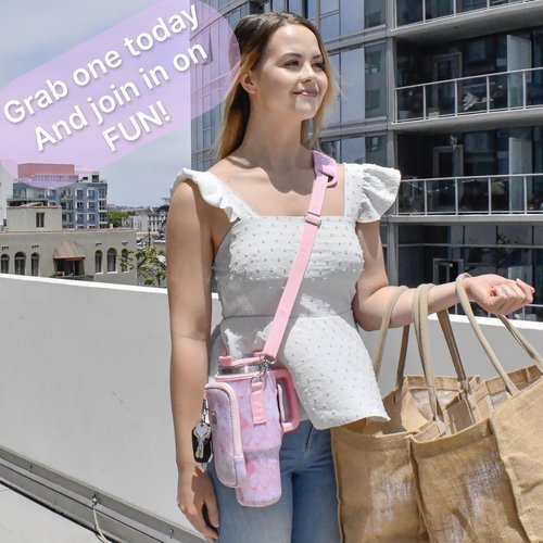 Made Easy Kit Cup Tumbler & Carrier Cell Pocket - Water, Tea, Coffee, Juice - Neoprene Sleeve Pouch Shoulder Strap - Stainless Steel Vacuum Insulated Bottle, Lid, Straw, Carabiner (Pink Marble, 40oz)