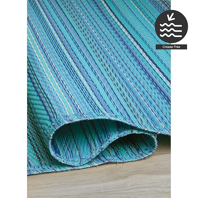 FH Home Outdoor Rug - Waterproof, Fade Resistant, Reversible - Premium Recycled Plastic - Striped - Large Patio, Deck, Sunroom, Camping, RV - Havana - Turquoise Crease Free - 6 x 9 ft