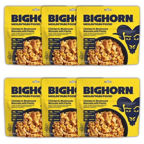 BIGHORN Mountain Food Chicken and Mushroom Marsala with Noodles - contains 6 packs | 12 servings | 210g Protein | 4,080 Calories - premium freeze dried meals for backpacking food - dehydrated camping food for backpacking meals - ideal camping meals - just