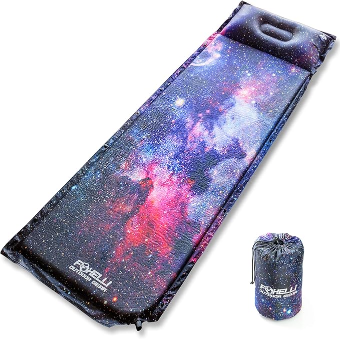 Foxelli Self Inflating Sleeping Pad for Camping, Backpacking, Hiking, Insulated Foam Lightweight Camping Mat, Inflatable Camp Mattress with Pillow