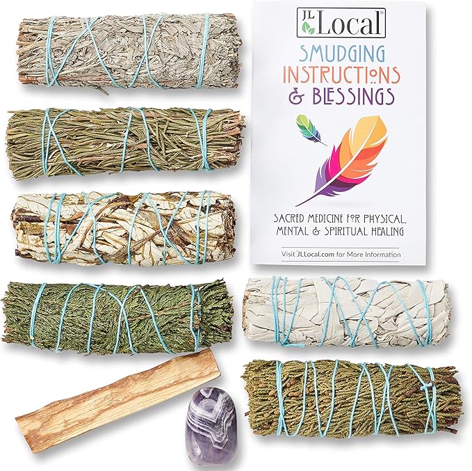 Sage Variety Pack - White Sage, Blue Sage, Yerba Santa, Cedar, Juniper & Palo Santo Smudge Sticks + Amethyst | Smudging Kit (Variety Sages)