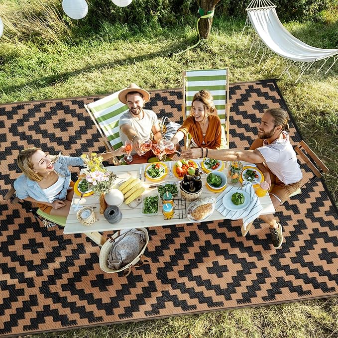 Outdoor Patio Plastic Straw Rug - 5'x8' Outdoor Camping Rug Waterproof Reversible, Area Carpet Patios Clearance RV, Outside Porch Balcony Deck for Camper, Black & Brown