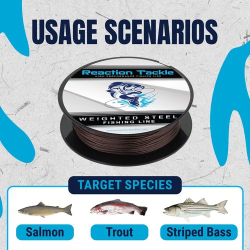 Reaction Tackle Weighted Stainless Steel Trolling Line 45LB- Premium Weighted Fishing Wire 45LB/ 300 Foot