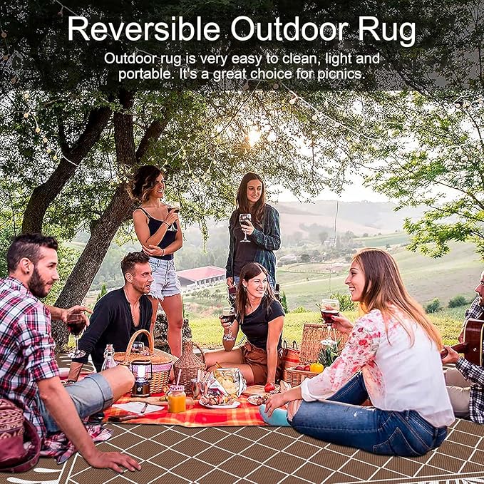 Ileading Outdoor Rug Carpet for Patio 9'x12' Waterproof Reversible Plastic Straw Rug Portable Outside Area Rug Camping Mat for Patio, Clearance, Balcony, Picnic, Pool, Beach, RV, Deck, Brown