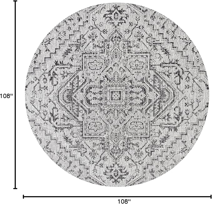 JONATHAN Y SMB105D-9R Estrella Bohemian Medallion Textured Weave Black/Gray 9' Round Indoor/Outdoor Area Rug, Pet Friendly, Non-Shedding, Stain Resistant, Easy-Cleaning for Backyard, Patio, Porch