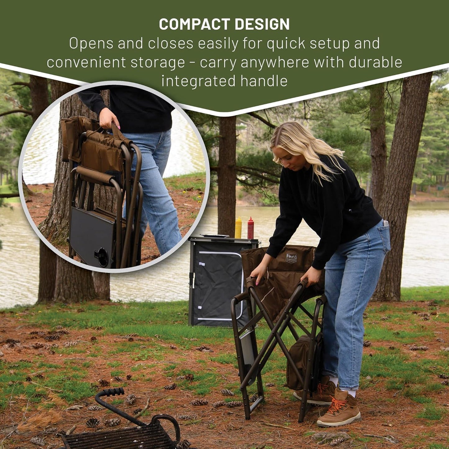 TIMBER RIDGE Lightweight Camping Chair, Portable Laurel Director's Chair with Foldable Side Table, Cooler Bag & Mesh Pocket, Compact Outdoor Folding Lawn Chair, Supports 300lbs, Grey