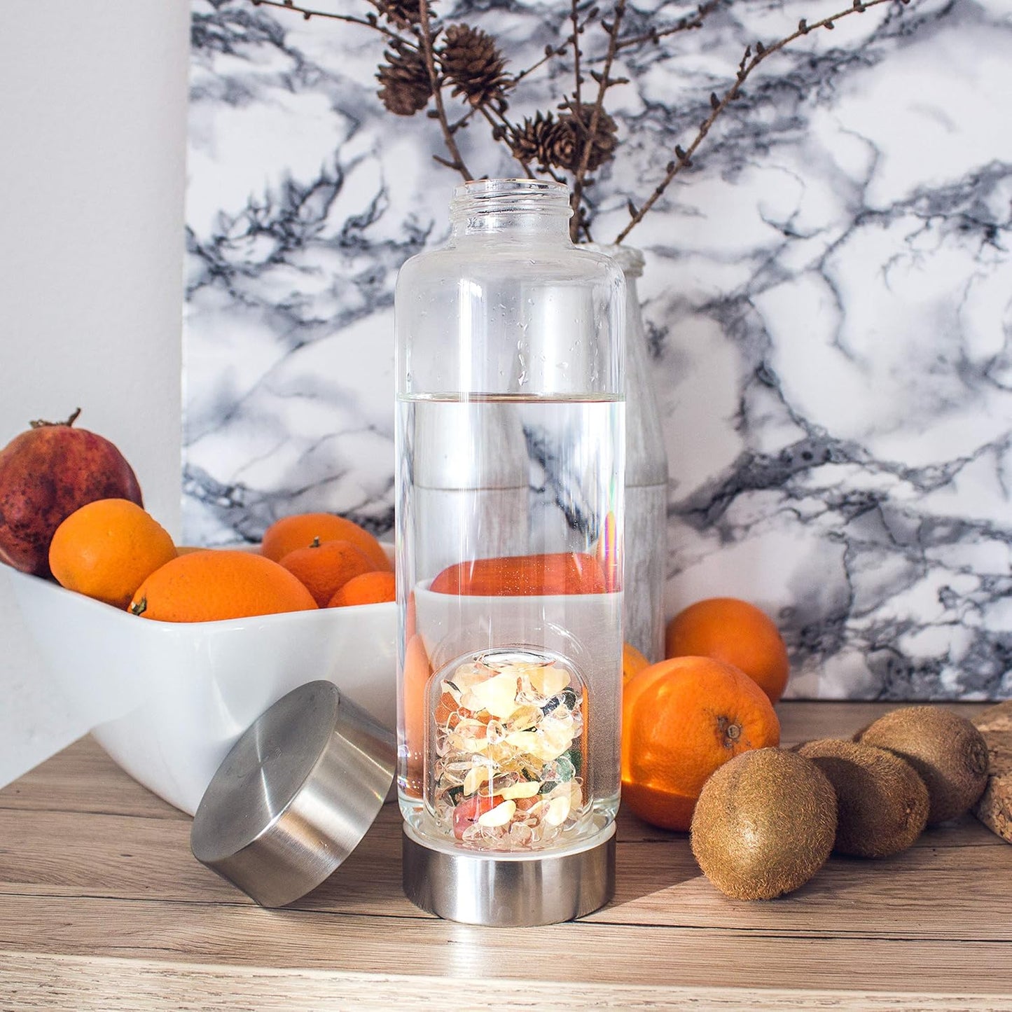 VitaJuwel ViA LUNA | Crystal Water Bottle with Rainbow Moonstone and Clear Quartz for Intuition, Empathy, Femininity
