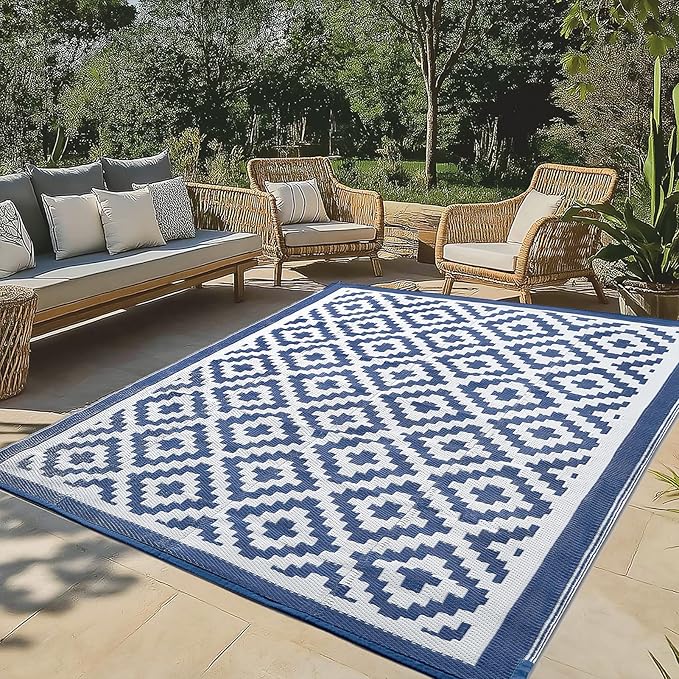 6x9 ft Outdoor Rug Waterproof, Plastic Straw Patio Carpet - UV Resistant Reversible Indoor Outdoor Rugs for Porch, Camping, Poolside, RV, Balcony, Easy to Clean, Blue and White