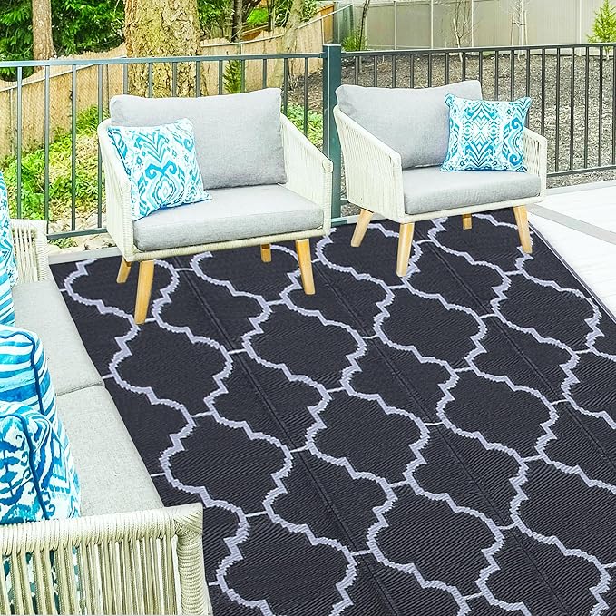 Ogrmar 6x9 FT Reversible Mats, Outdoor Rug for Patio Clearance, Waterproof Carpet, Plastic Straw Rug for Indoor Outdoor, Floor Mat&Rug for RV Porch Camping Backyard Deck Balcony Beach Trailer (Black)