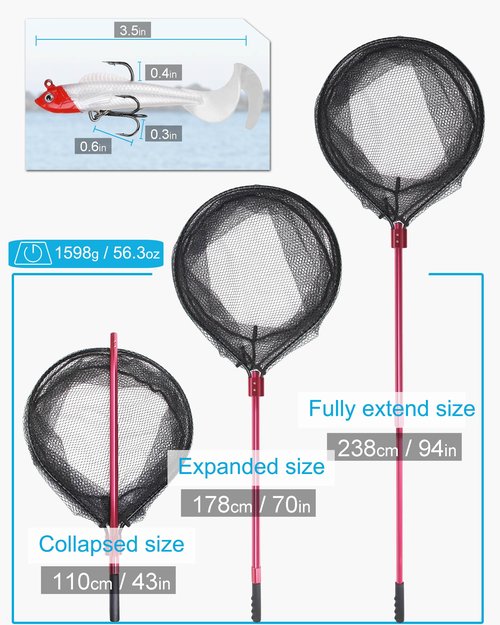 Facikono Large Fishing Net Rubber Fishing Net Large Heavy Duty Extra Large Landing Net for Saltwater Aluminum Fishing Net Telescoping Handle with 6pcs Soft Jig Swimbait, Extends to 72-94in