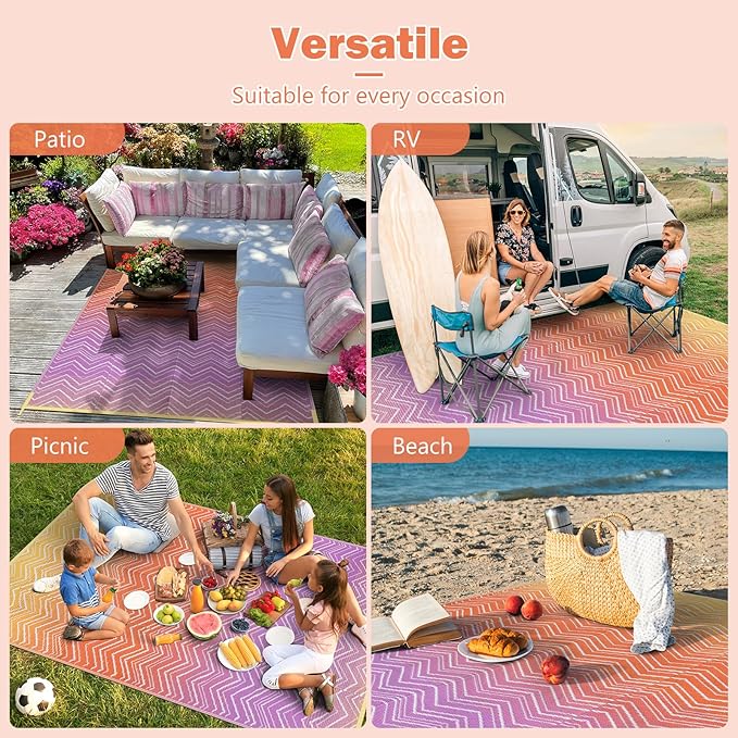 Lahome Colorful Waterproof Outdoor Rug 8x10, Reversible Outdoor Plastic Straw Rug for Patios, Outside RV Mat Carpet for Deck Porch Backyard Balcony Picnic Trailer (Orange/Purple, 8' x 10')