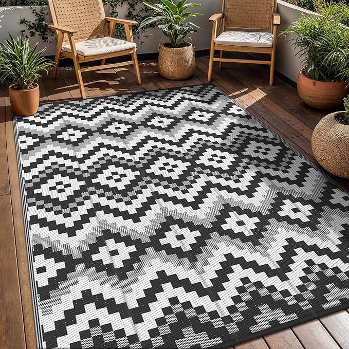 GENIMO Outdoor Rug Waterproof 9x12 ft, Lightweight Plastic Straw Rugs, Outside Reversible Large Mat Carpet for Patio, Camping, RV, Deck, Balcony, Porch, Backyard, Black & White