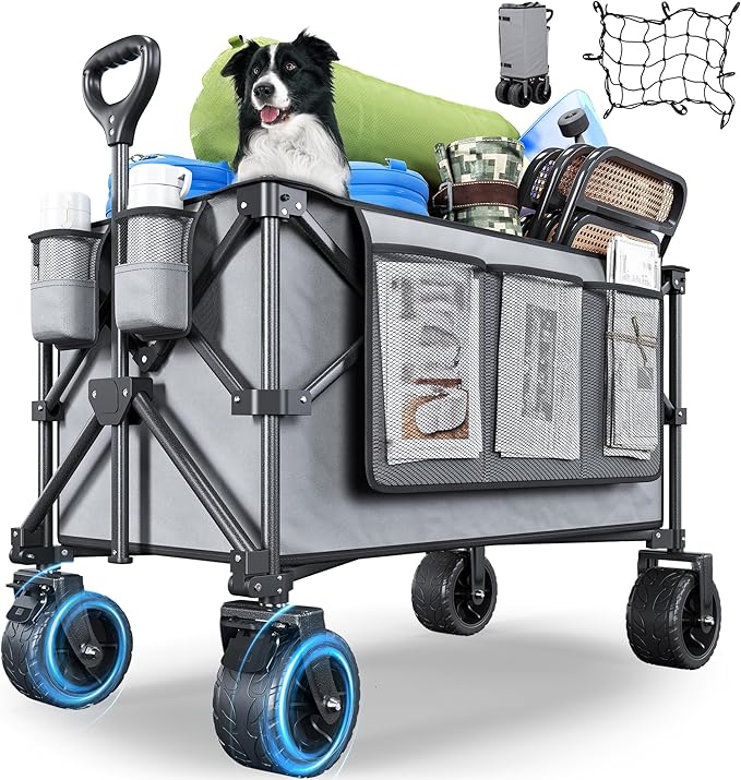 YITAHOME 300Lbs Large Collapsible Foldable Wagon, Heavy Duty Beach Wagon Cart Utility Wagon with 3.2in Wide All Terrain Wheels, Side Pocket, Cup Holder, Mesh Cover for Sports, Shopping, Camping - Gray