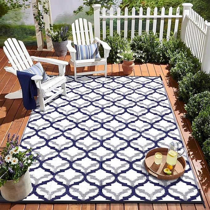 OLANLY Reversible Outdoor Rug 9x12 ft Clearance, Waterproof Outdoor Plastic Straw Rug with Interlacing Pattern, RV Mat for Patio, Camping, Balcony, Deck, Backyard, Navy & White