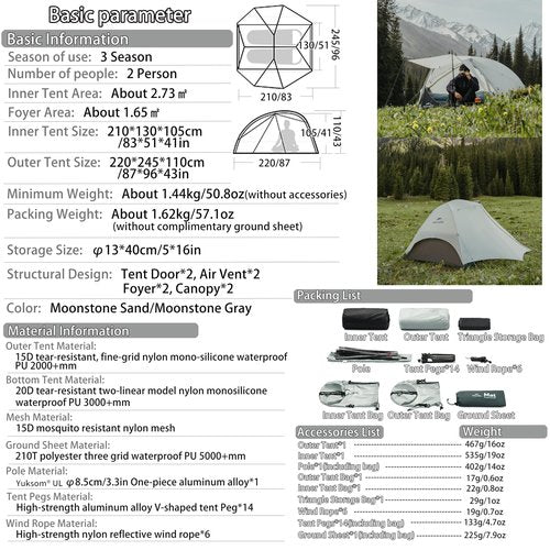 Naturehike Free Standing 2 Person Backpacking Tent with The Double Canopy Ultralight Nylon Double Layer Waterproof Camping for Camping, Festivals, Backyard, Sleepovers (Gray)