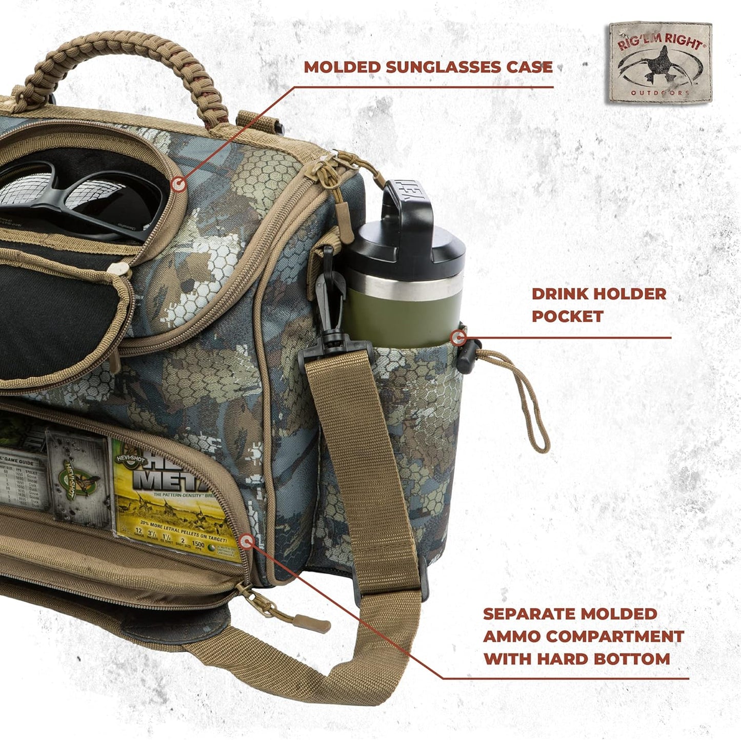 Rig'Em Right Waterfowl Lock and Load Duck Hunting Blind Bag with Molded Ammo Compartments, Sunglasses Case, Drink Holder and More (Optifade Marsh Camo)